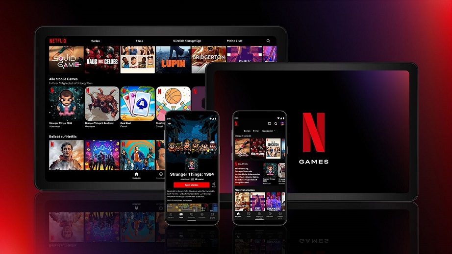 Netflix Games und Logo auf verschiedenen Geräten