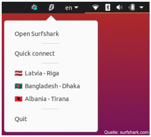 Surfshark Linux neue GUI Tray-Menü